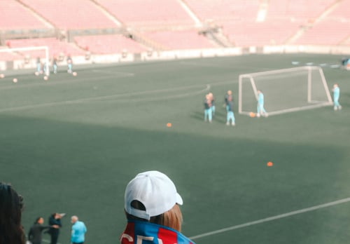 Football fan with scarf watching team warm up